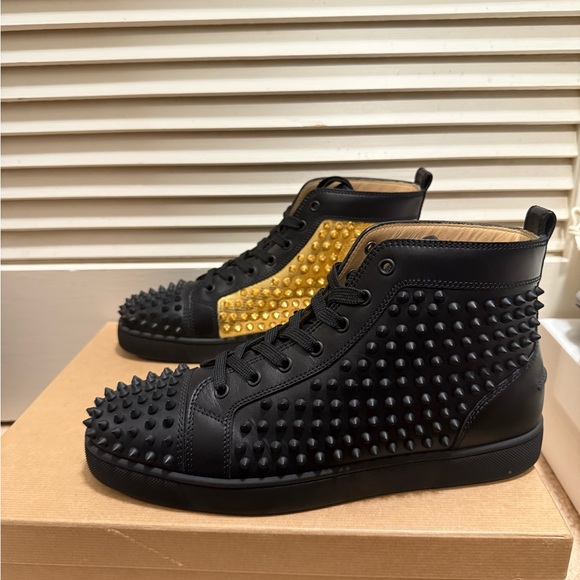 Christian Louboutin Black and Gold Spiked Sneakers - Picture 2 of 8
